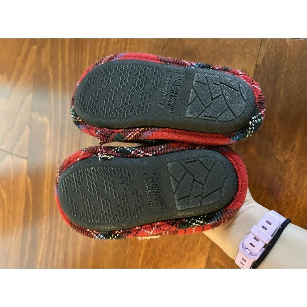 Dearfoams Kids Toddler  Little Kids Lil Bear‎ Plaid Red Slippers NEW 9-10  US